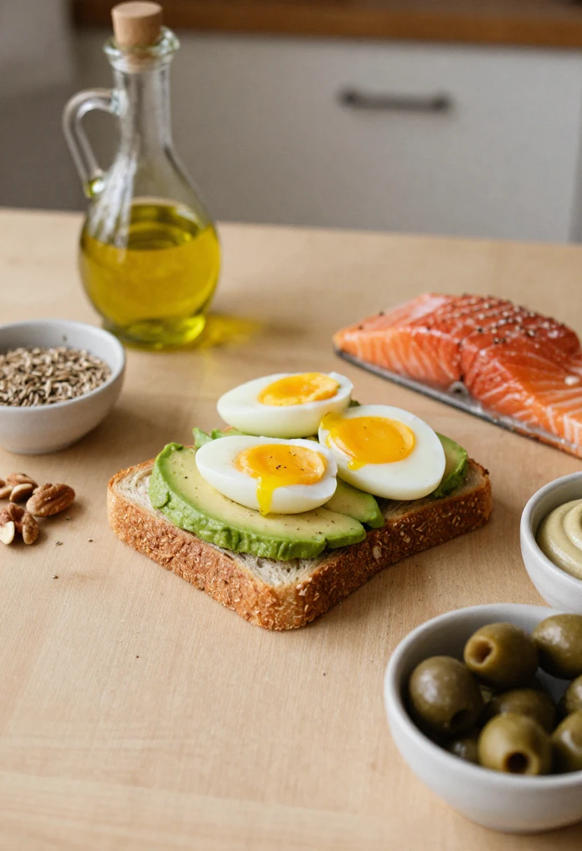 Healthy fats for CrossFit meals, including avocado, eggs, olive oil, salmon, nuts, seeds, and tahini.