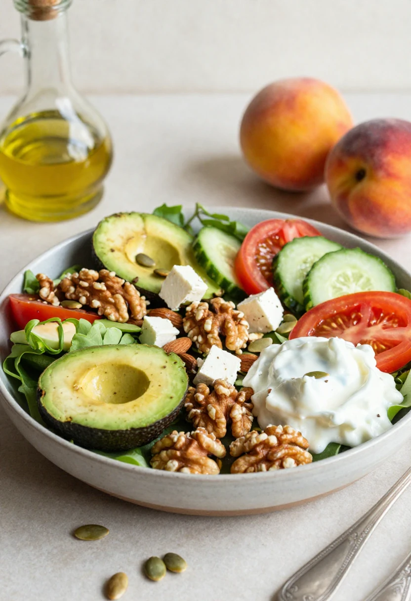 Healthy fats for summer meals including avocado, walnuts, almonds, seeds, olive oil, and fresh produce.