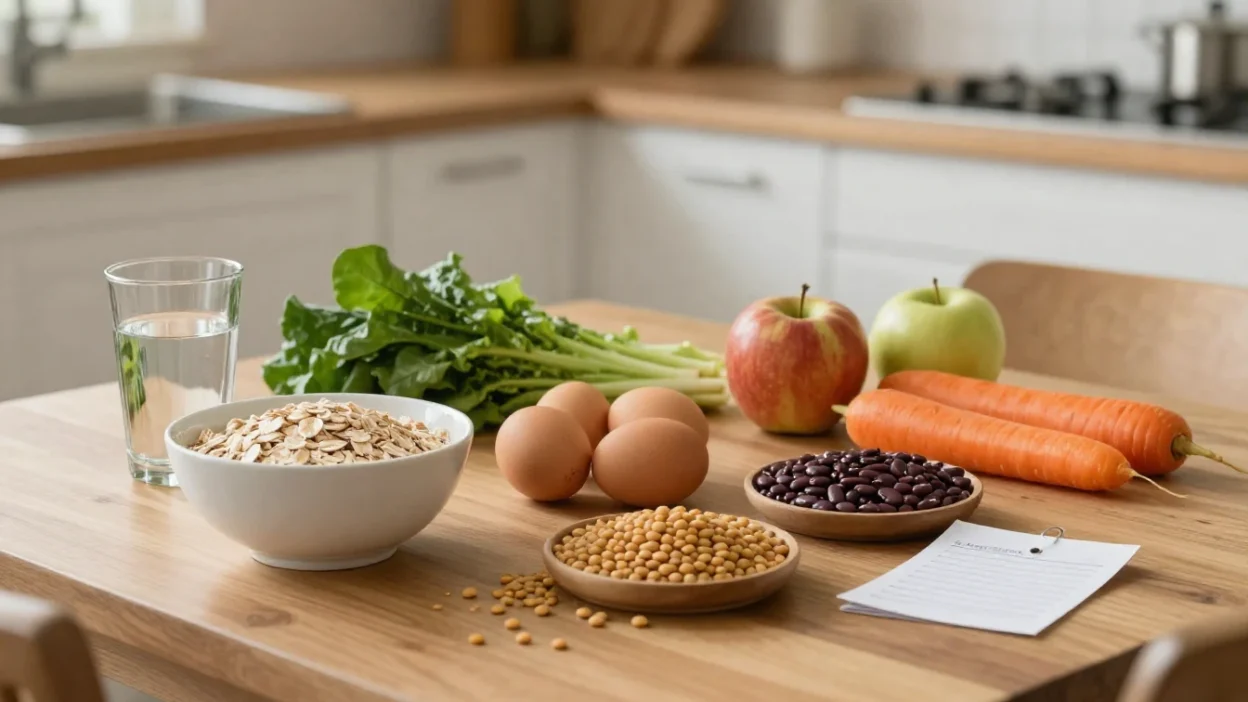 Simple healthy foods on a kitchen table showing how a healthy lifestyle can save money every week.