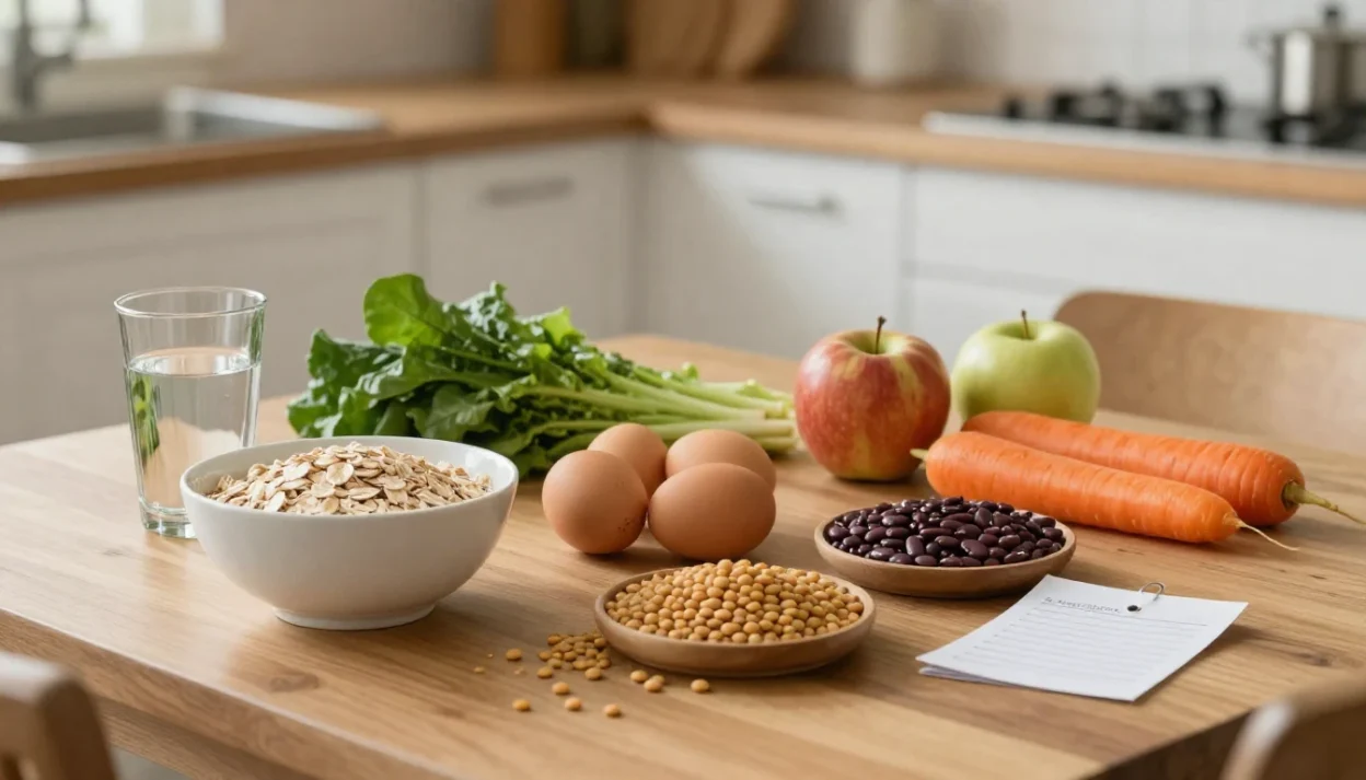 Simple healthy foods on a kitchen table showing how a healthy lifestyle can save money every week.