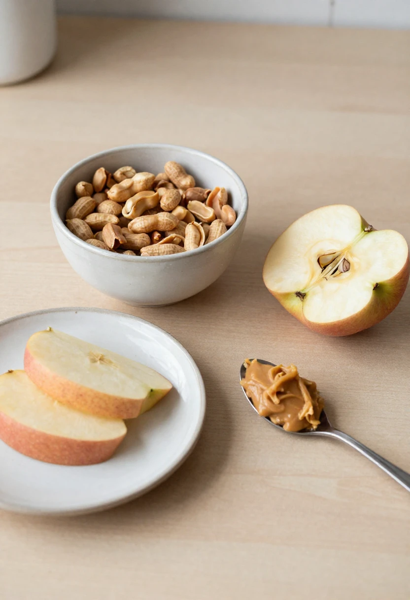 Bowl of peanuts on a light wooden table with apple slices and a peanut butter-coated spoon nearby, athletic snack setup.