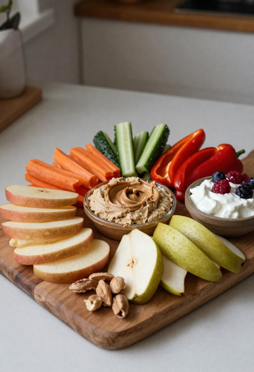 Colorful fruit and veggie snack platter on a wooden board with peanut butter dip, yogurt and berries, apple and pear slices, carrot, cucumber, and bell pepper sticks, plus walnuts.