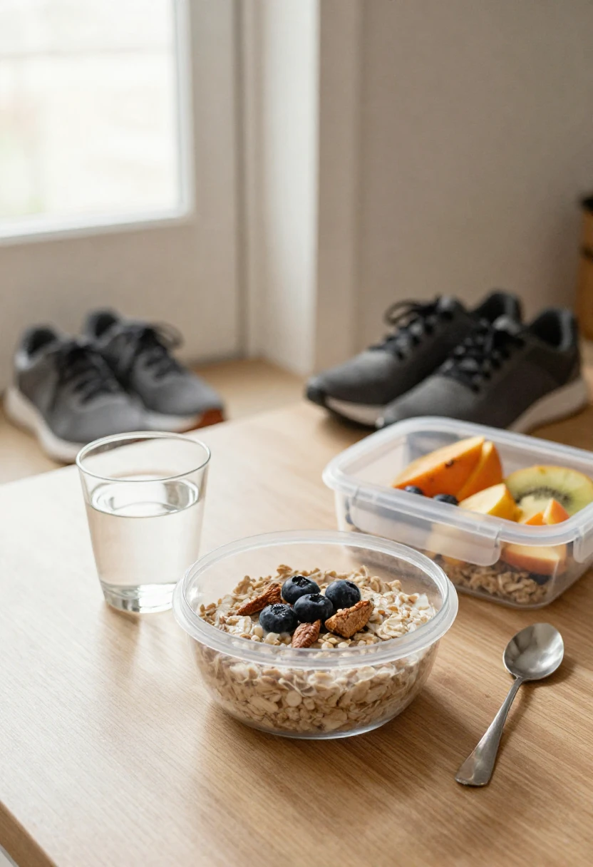 A simple healthy morning routine with breakfast, water, lunch prep, and walking shoes.