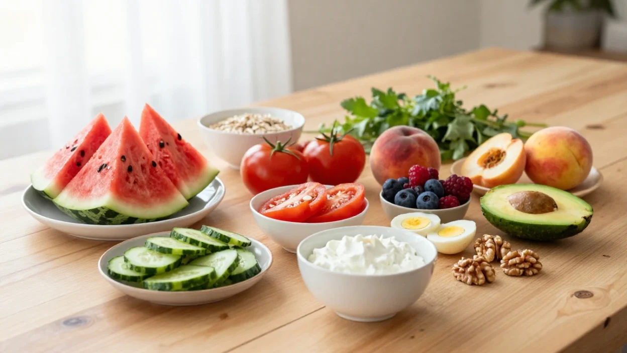 Fresh healthy summer foods with fruit, vegetables, yogurt, eggs, oats, nuts, and avocado on a wooden table.