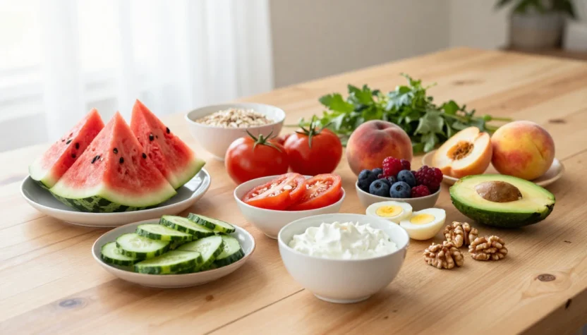 Fresh healthy summer foods with fruit, vegetables, yogurt, eggs, oats, nuts, and avocado on a wooden table.
