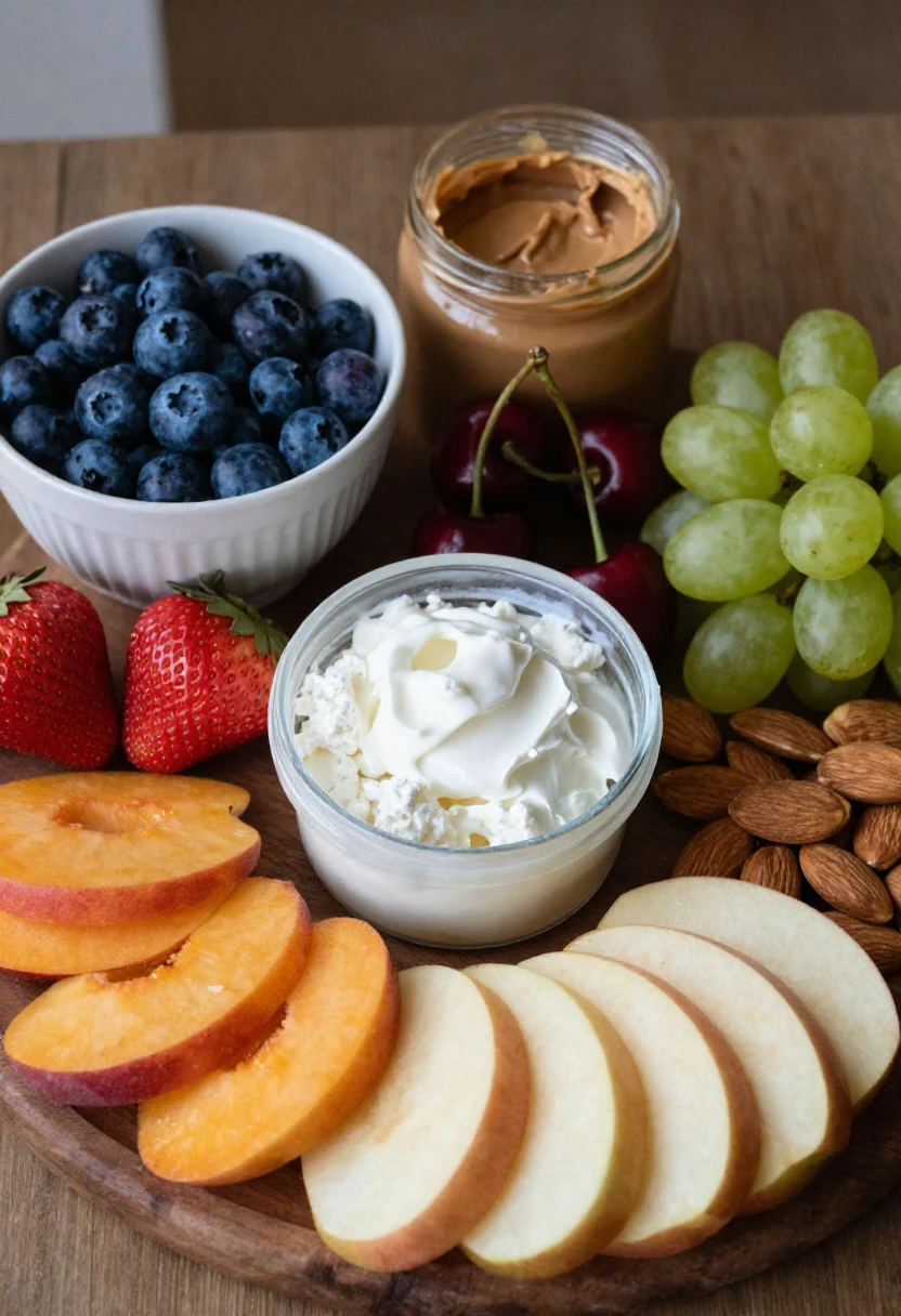 Healthy summer fruit snacks with berries, peaches, grapes, yogurt, cottage cheese, and almonds.