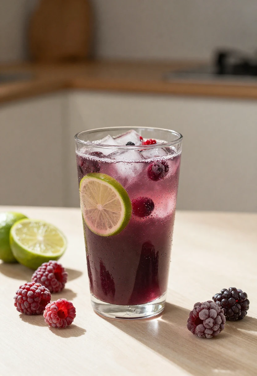 A light acai sparkling drink with lime, ice, and frozen berries.