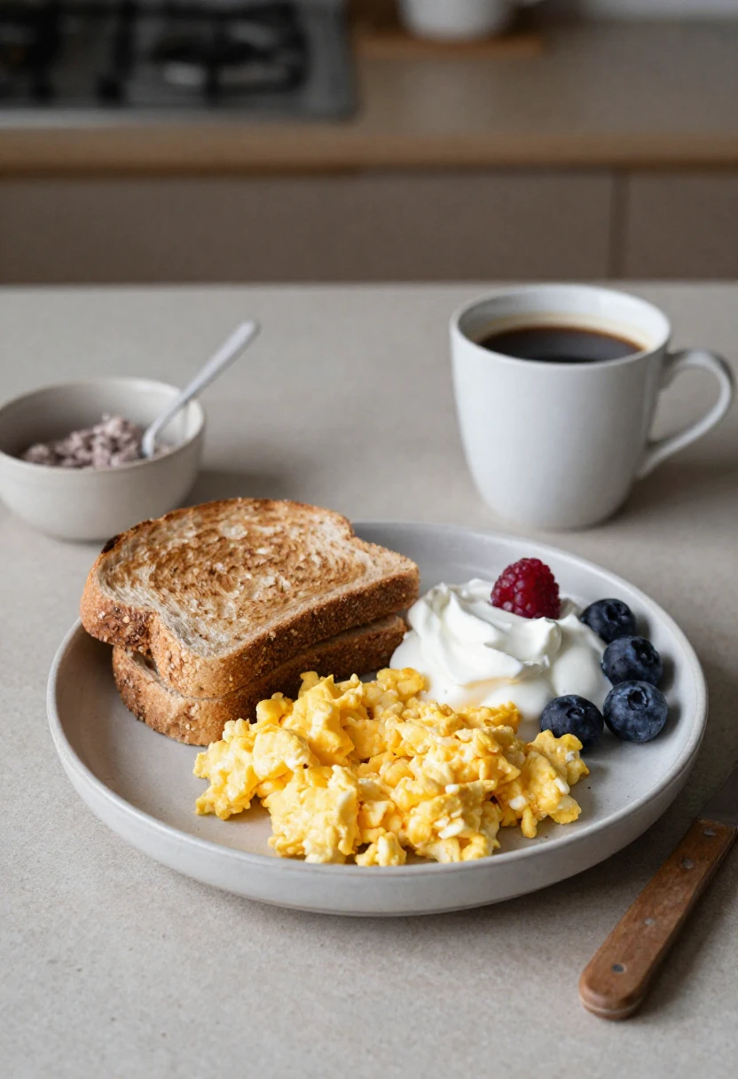 Protein-rich breakfast with eggs, toast, yogurt, and berries to help manage sugar cravings.
