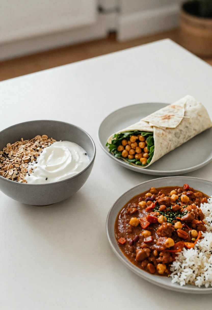 High-protein meatless breakfast, lunch, and dinner with yogurt bowl, chickpea wrap, and lentil curry.