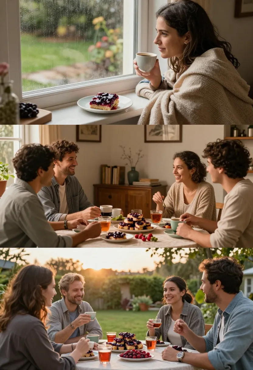Three-frame collage showing people enjoying homemade jamun berry bars during a cozy rainy afternoon, a family gathering, and an outdoor garden get-together.