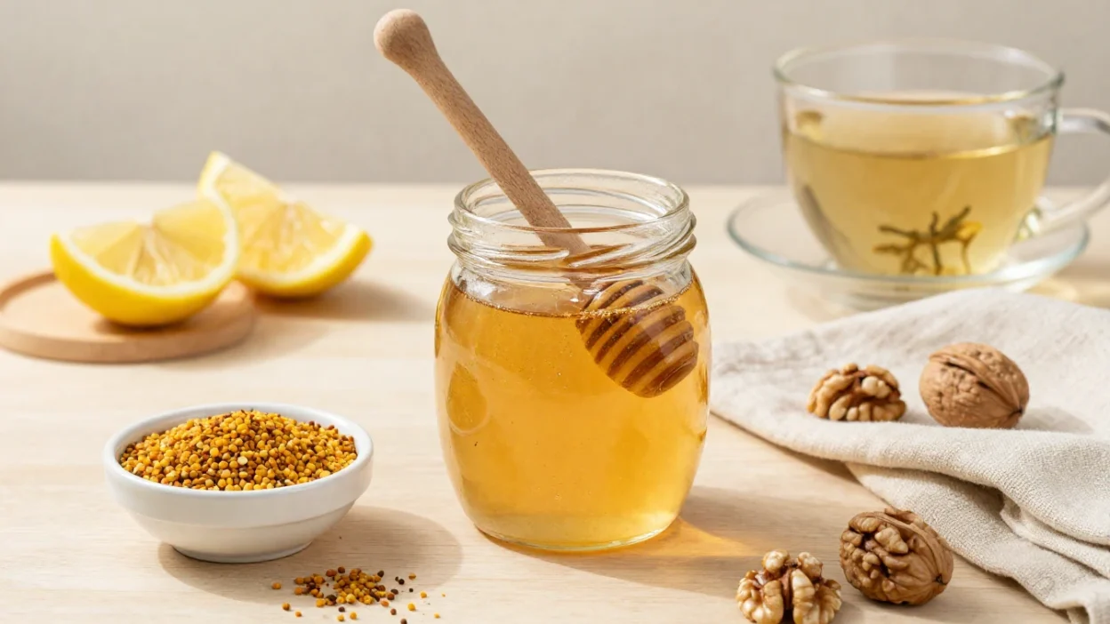 Jar of honey with a wooden honey dipper, lemon wedges, walnuts, and a cup of tea on a light wooden surface there in the background.