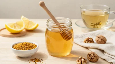 Jar of honey with a wooden honey dipper, lemon wedges, walnuts, and a cup of tea on a light wooden surface there in the background.
