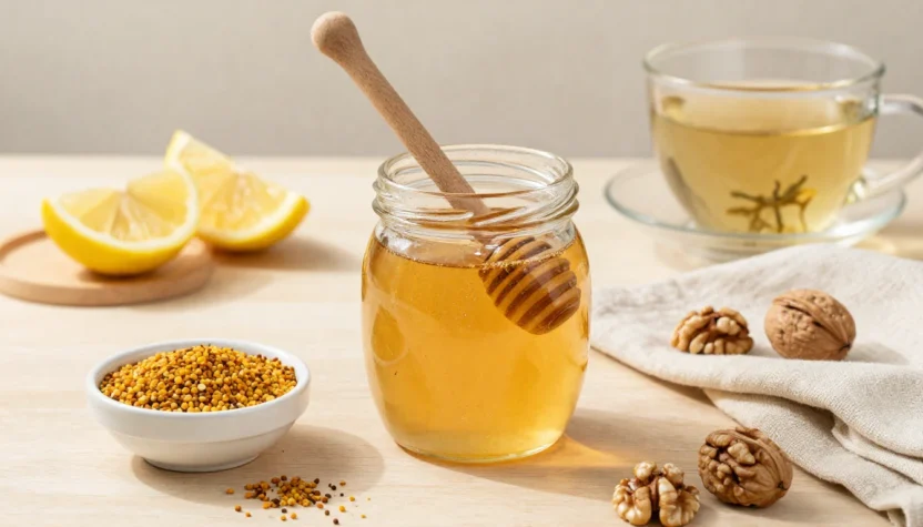 Jar of honey with a wooden honey dipper, lemon wedges, walnuts, and a cup of tea on a light wooden surface there in the background.