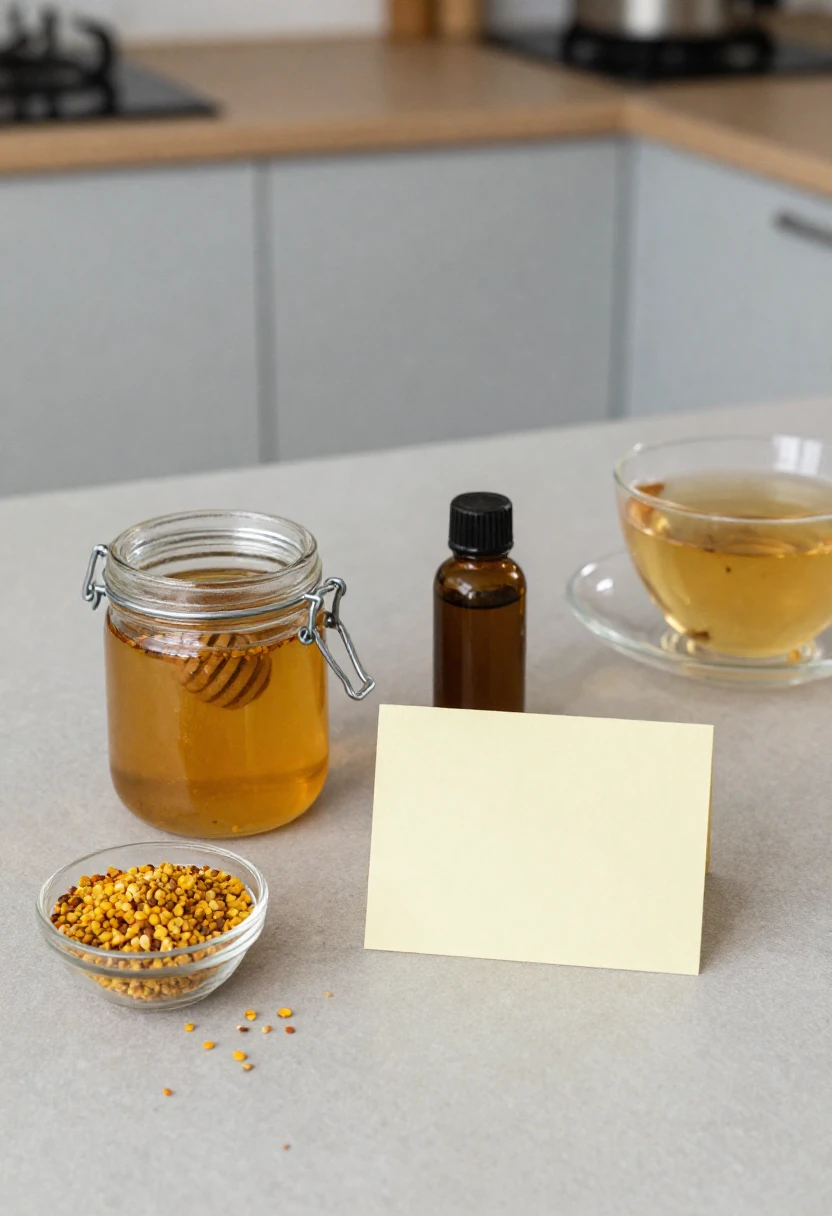 Honey and bee products arranged with a simple caution note for safe use.