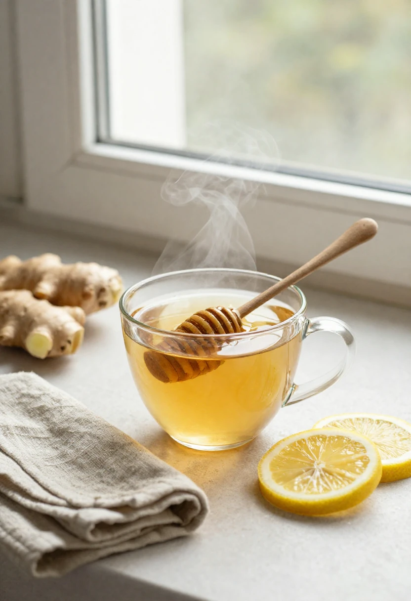 Hot cup of tea with a honey dipper and lemons on a kitchen counter, ginger in the background and steam rising from the mug.