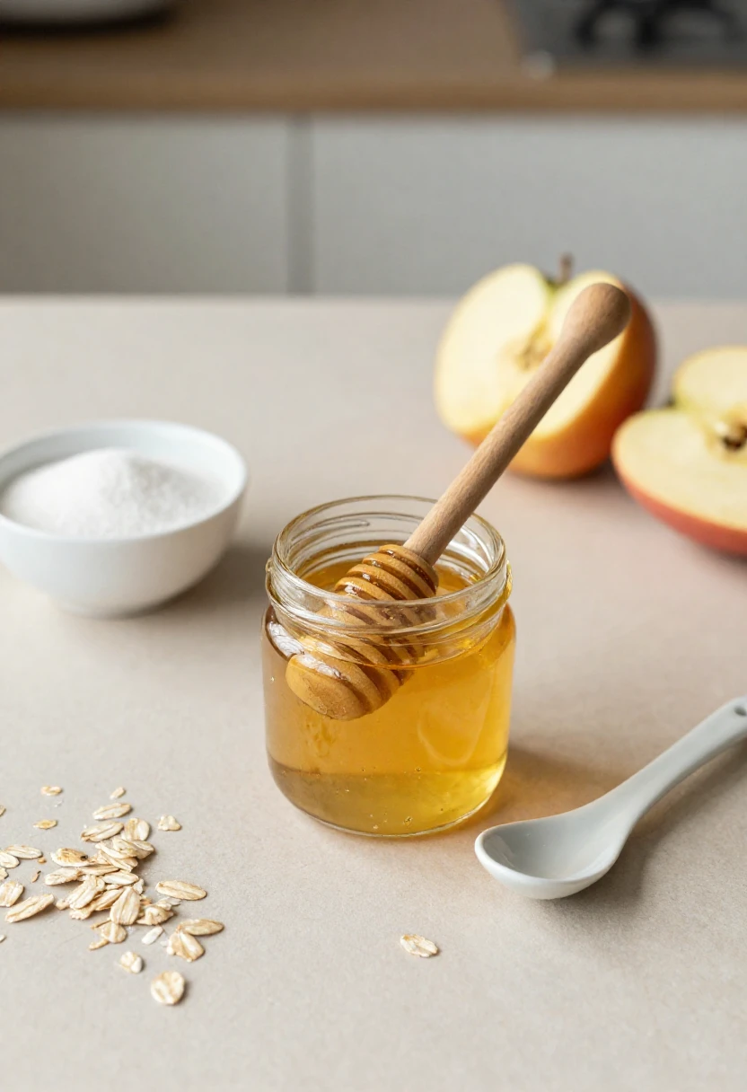 Honey jar beside sugar, oats, and apples showing honey as a natural sweetener.