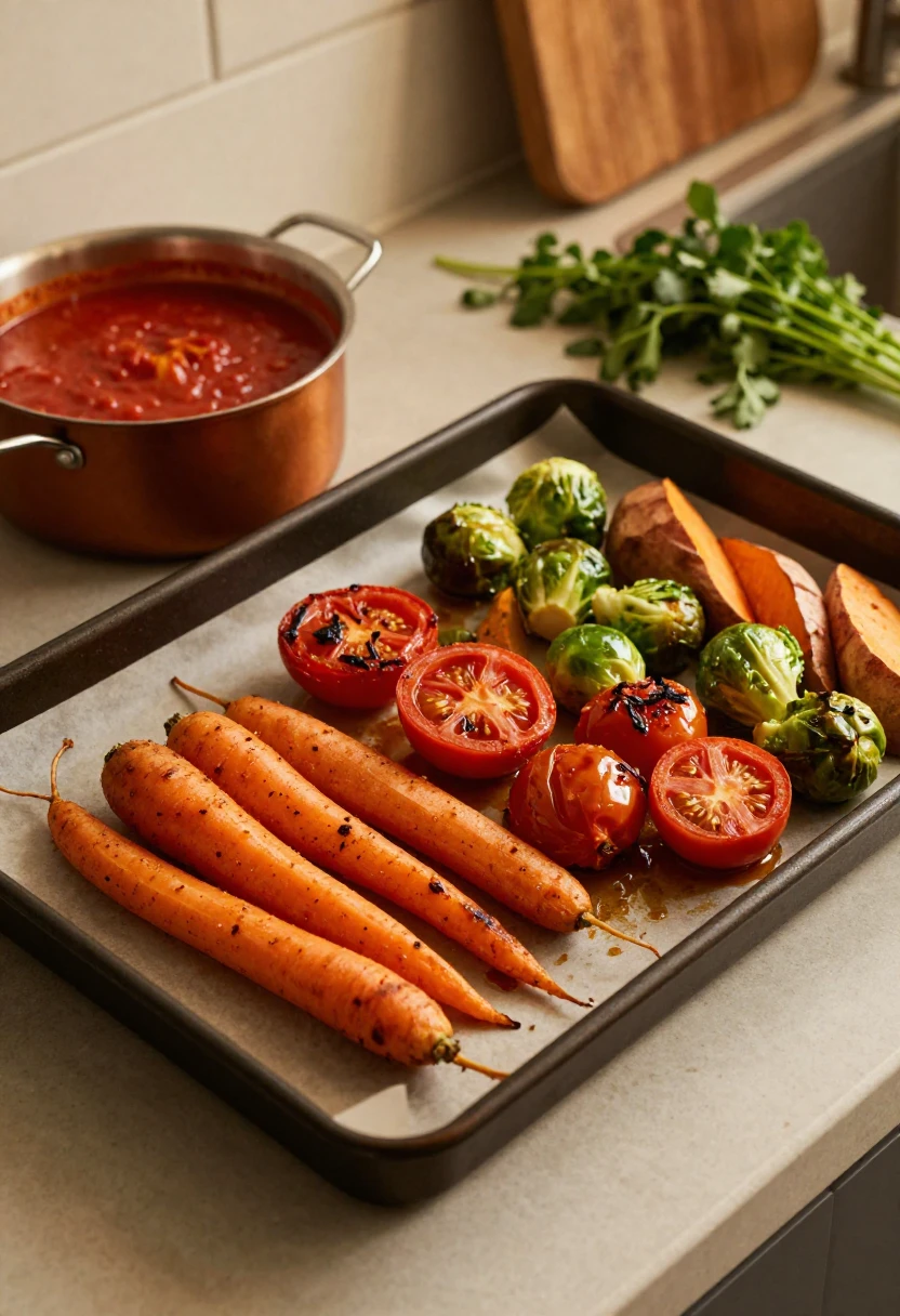Roasted vegetables on a baking sheet: carrots, Brussels sprouts, cherry tomatoes, and potato wedges with tomato sauce in a copper pot nearby.