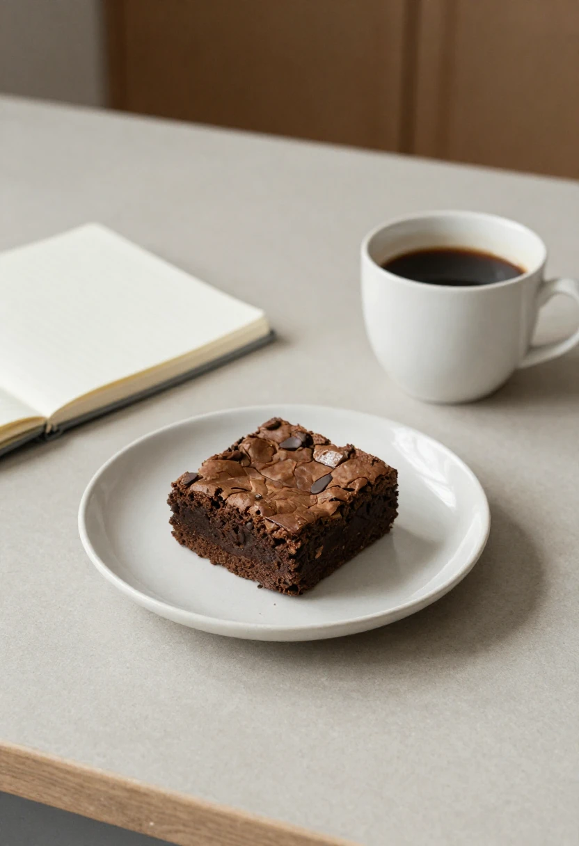 Brownie and coffee on a kitchen table representing an afternoon sugar craving habit.