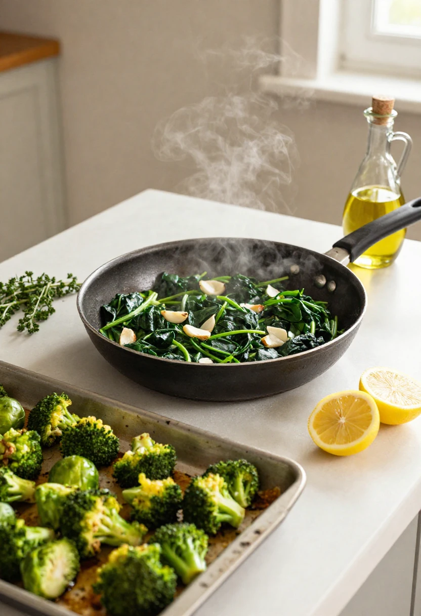 Sauté pan with greens and garlic steaming on a kitchen counter, lemon halves and olive oil in the background.