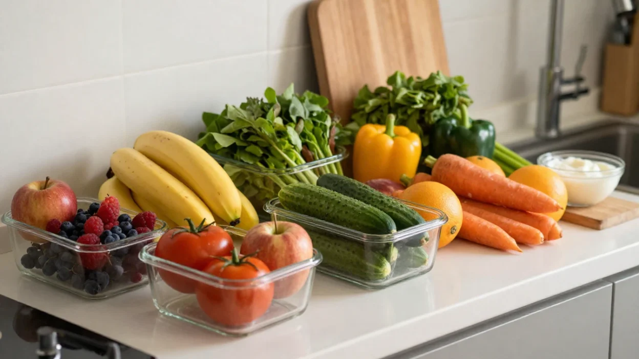 Fresh fruits and vegetables arranged on a cozy kitchen counter for easy healthy eating.