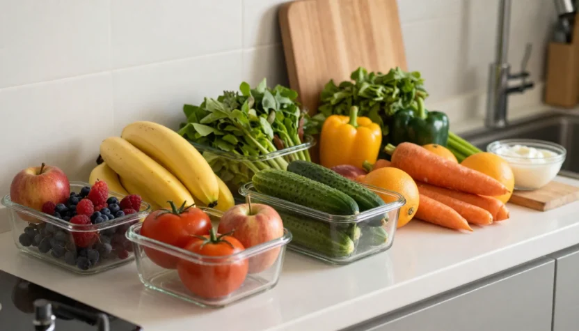Fresh fruits and vegetables arranged on a cozy kitchen counter for easy healthy eating.