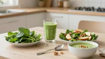 Fresh green smoothie, salad, and soup with leafy greens on a bright kitchen table.