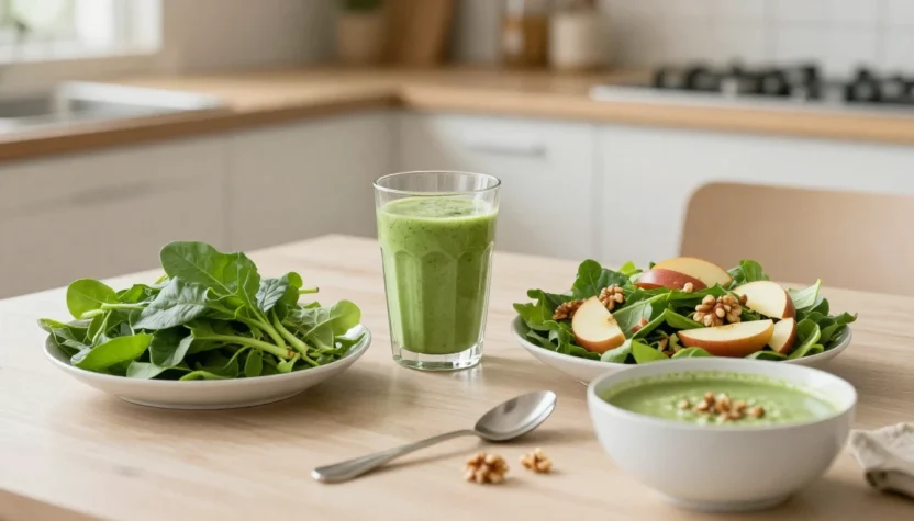 Fresh green smoothie, salad, and soup with leafy greens on a bright kitchen table.