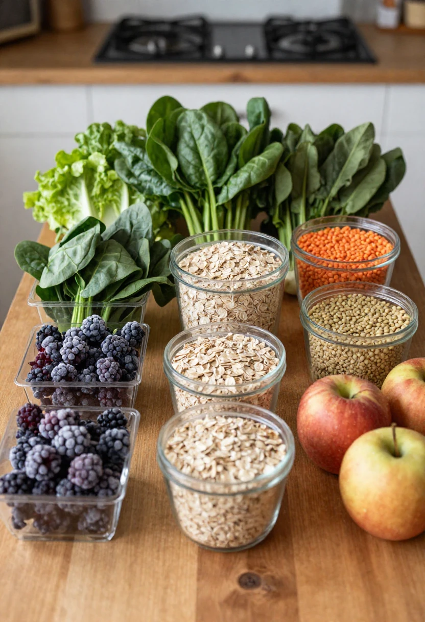 Affordable organic groceries including frozen produce, oats, lentils, and apples.
