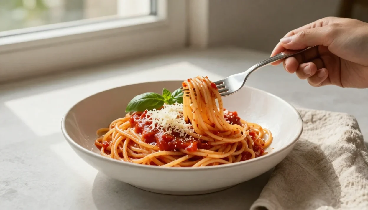 A neat bowl of spaghetti with tomato sauce and a fork twirling a small bite of pasta.