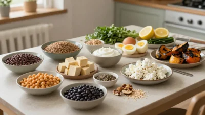 Meatless protein foods including lentils, beans, tofu, eggs, Greek yogurt, quinoa, nuts, and seeds on a cozy kitchen table.
