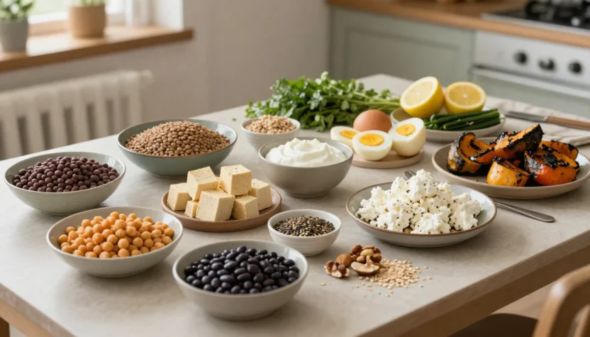 Meatless protein foods including lentils, beans, tofu, eggs, Greek yogurt, quinoa, nuts, and seeds on a cozy kitchen table.