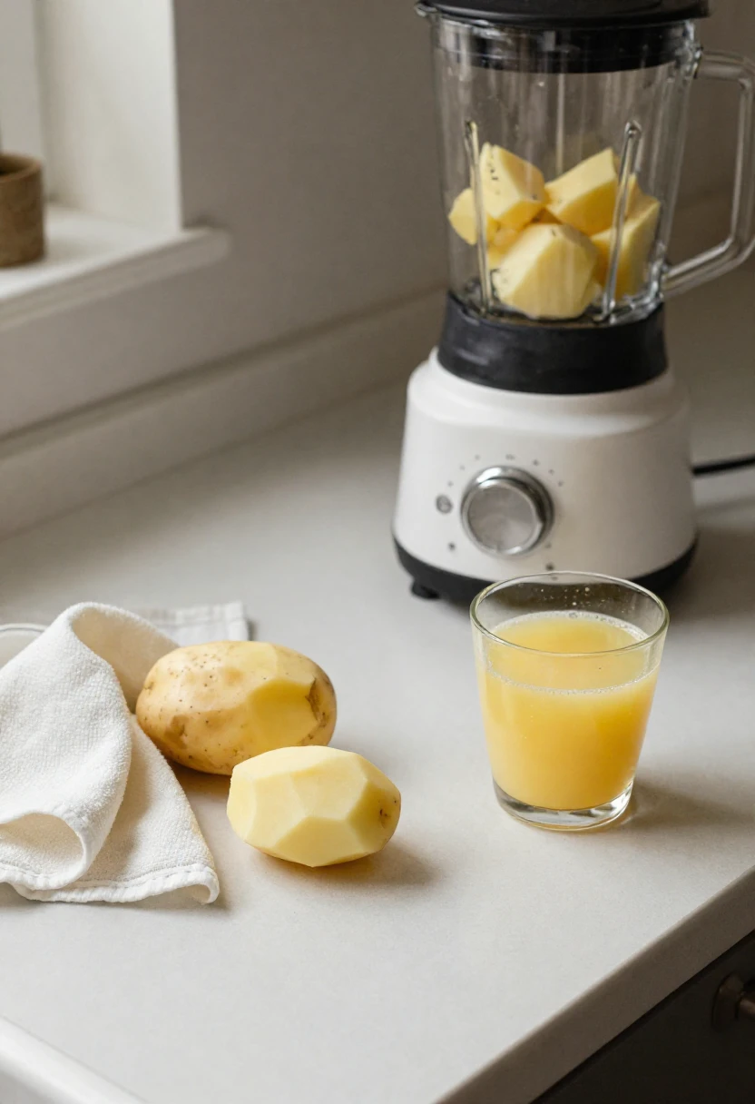 Blender filled with butter cubes on a kitchen counter, with a potato, a folded towel, and a glass of orange juice nearby.