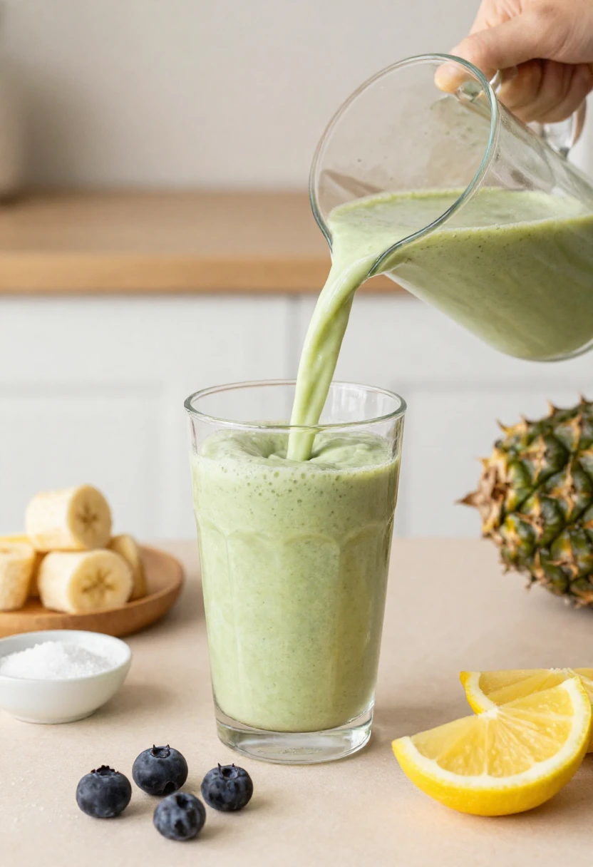 Green smoothie being poured from a glass pitcher into a tall glass, with pineapple, banana slices, blueberries, and lemon wedges nearby on the counter.