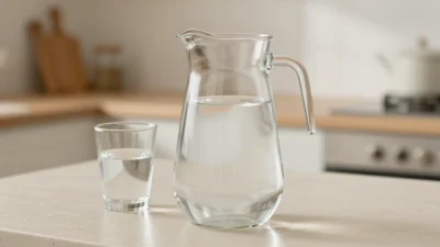 A glass pitcher of clean purified water on a bright kitchen counter