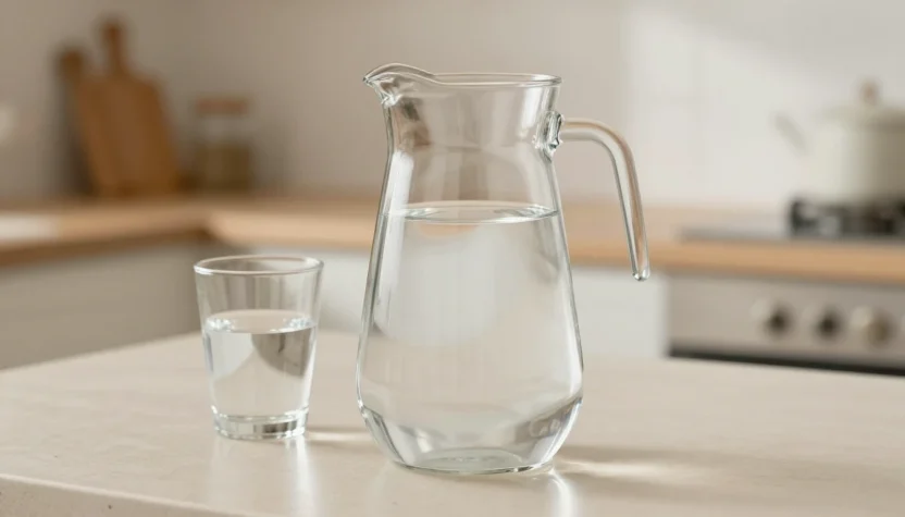 A glass pitcher of clean purified water on a bright kitchen counter