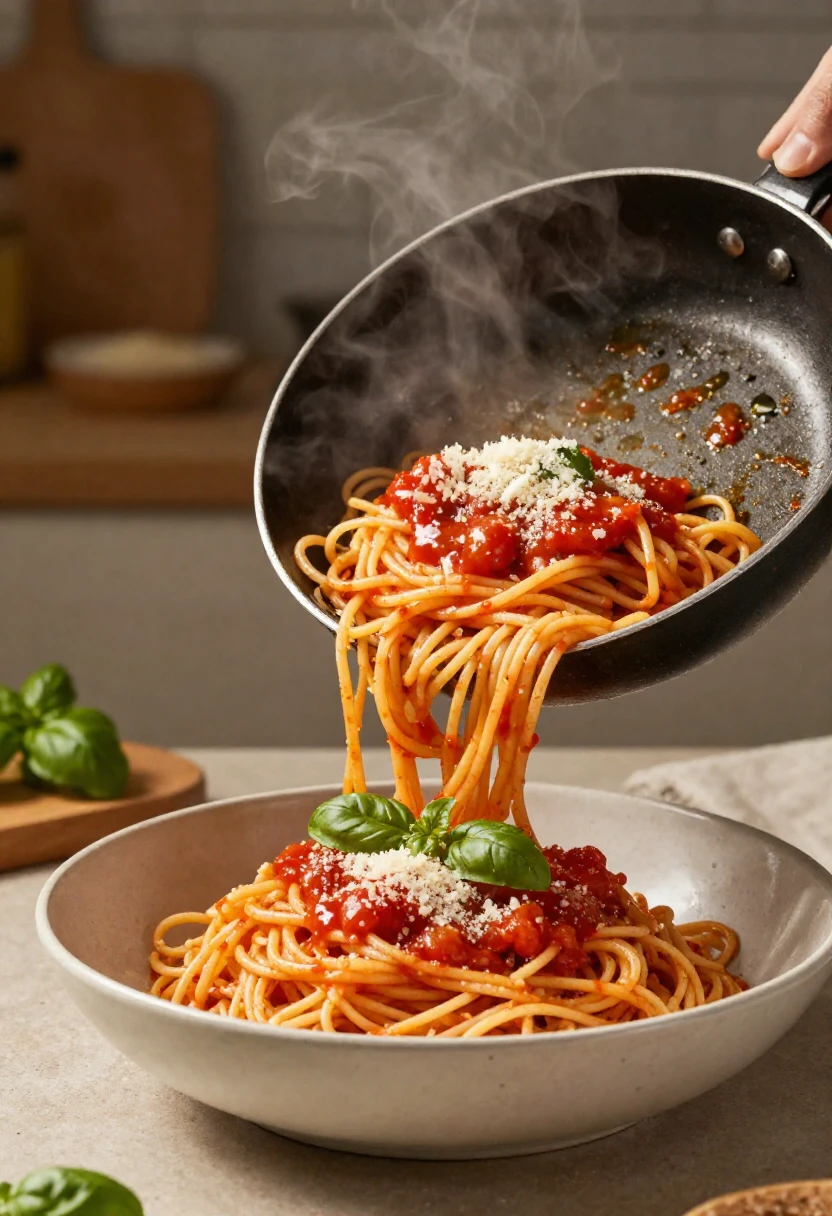 Freshly tossed spaghetti being served from a pan into a shallow pasta bowl.