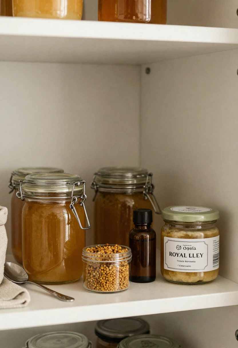 Honey, bee pollen, propolis, and royal jelly stored neatly on a pantry shelf.