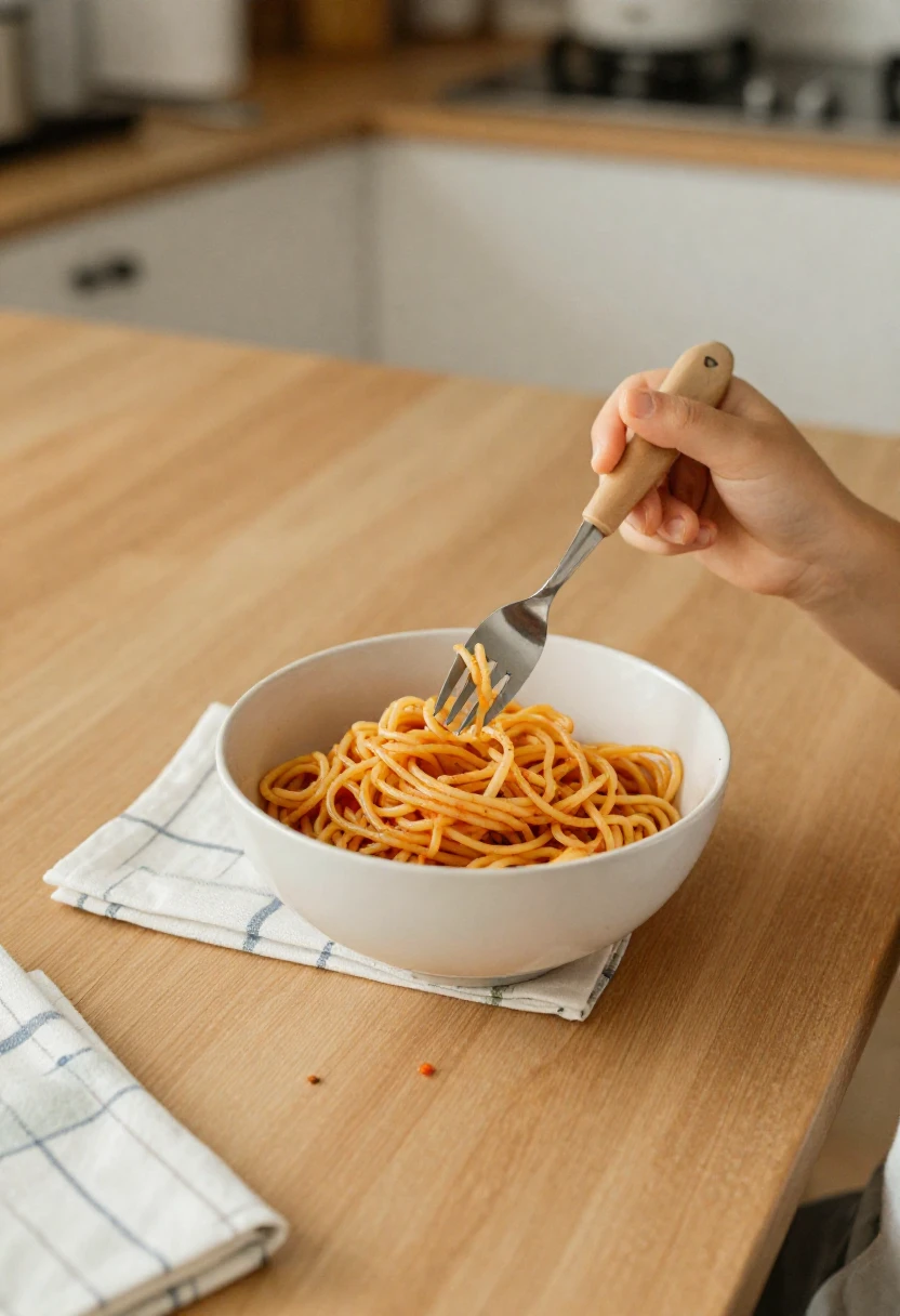 A small child-friendly bowl of spaghetti with a fork and napkin on a kitchen table.