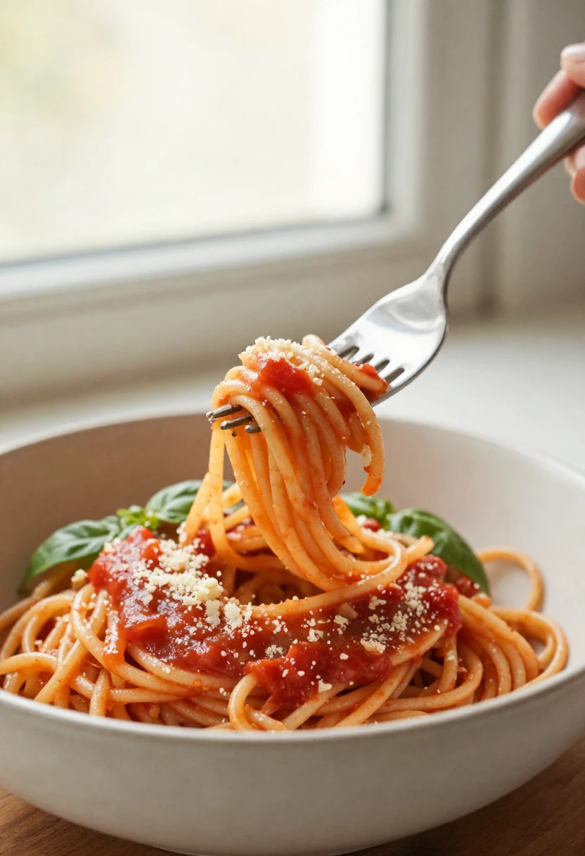 Spaghetti with tomato sauce and grated cheese in a white bowl, fork twirling a strand of pasta.