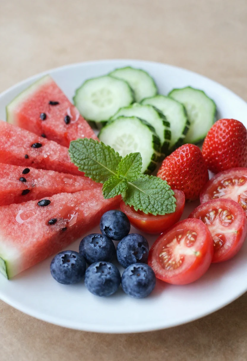 White plate with watermelon wedges, cucumber slices, strawberries, blueberries, tomato slices, and fresh mint.