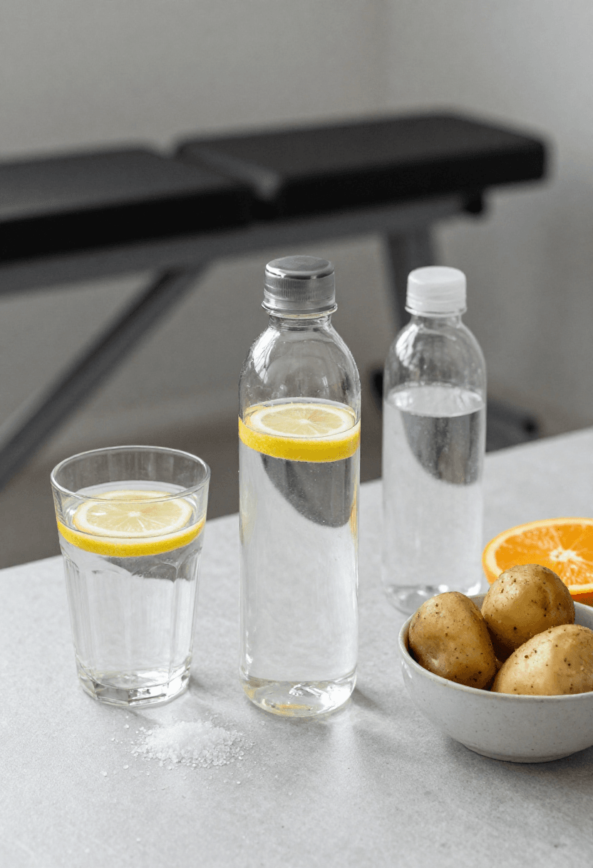 Hydration and electrolyte foods for CrossFit, including water with lemon, coconut water, citrus, and salted potatoes.