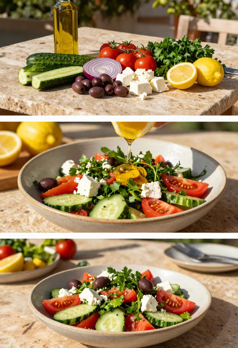 Three-panel collage of a fresh Greek salad: raw ingredients on a table, then a cucumber–tomato–feta–olive salad being dressed, and finally plated servings on bowls.
