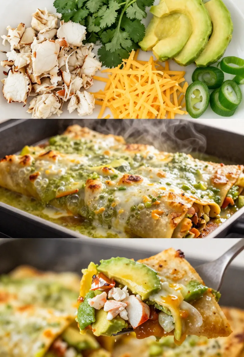 Top plate with chopped chicken, cilantro, avocado, shredded cheddar, and jalapeño slices; below are cheesy green enchiladas in a baking dish; a forkful shows avocado and toppings.