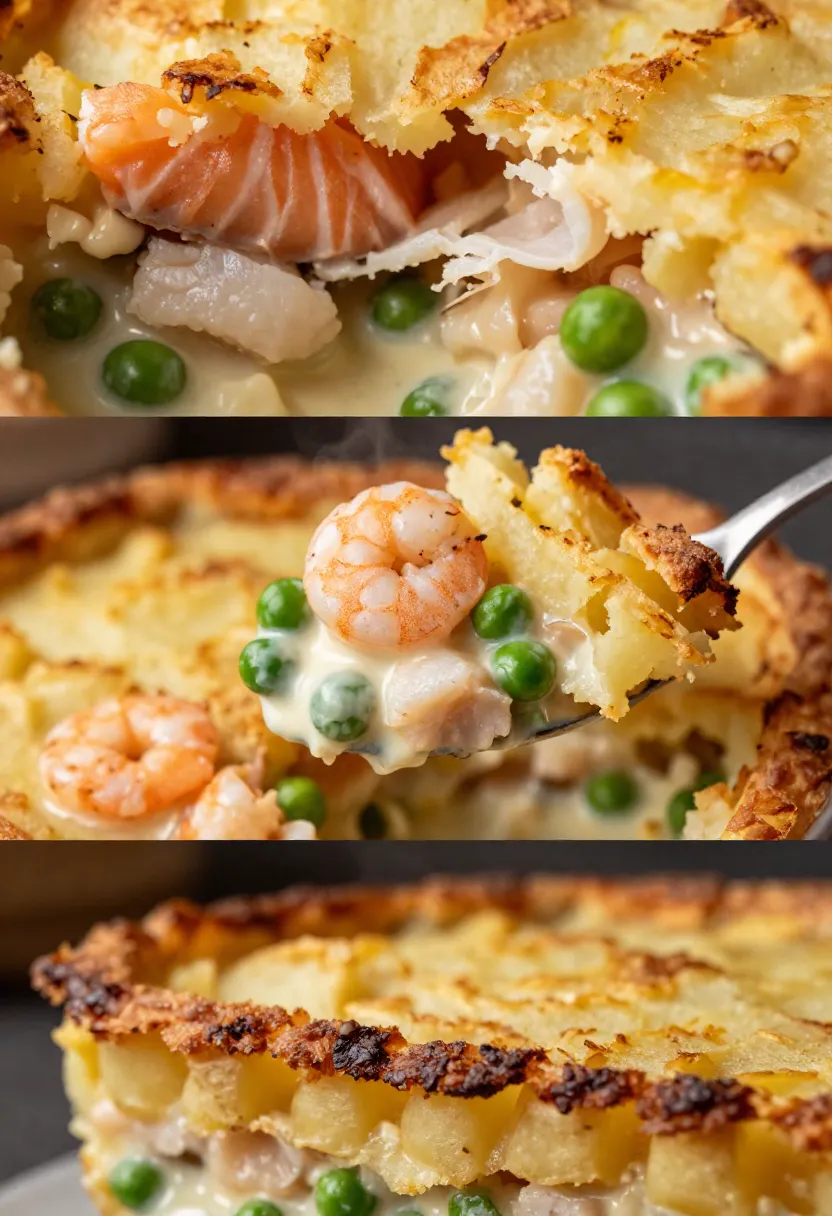 Three-frame collage showing fish pie ingredients, creamy seafood filling, and a baked fish pie with golden mashed potato topping.