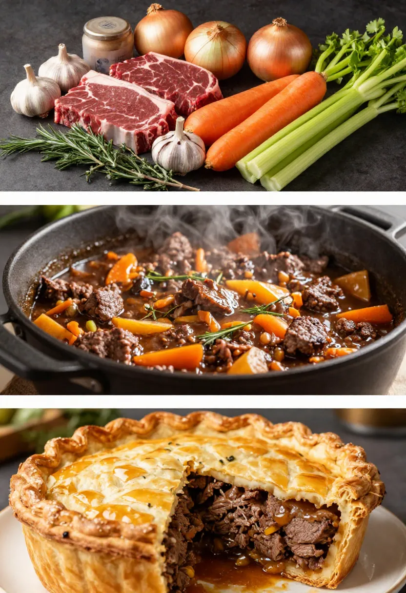 collage showing steak and vegetables ingredients, a beef stew in a pot, and a beef pot pie on a plate; represents a meat-and-vegetable dinner theme