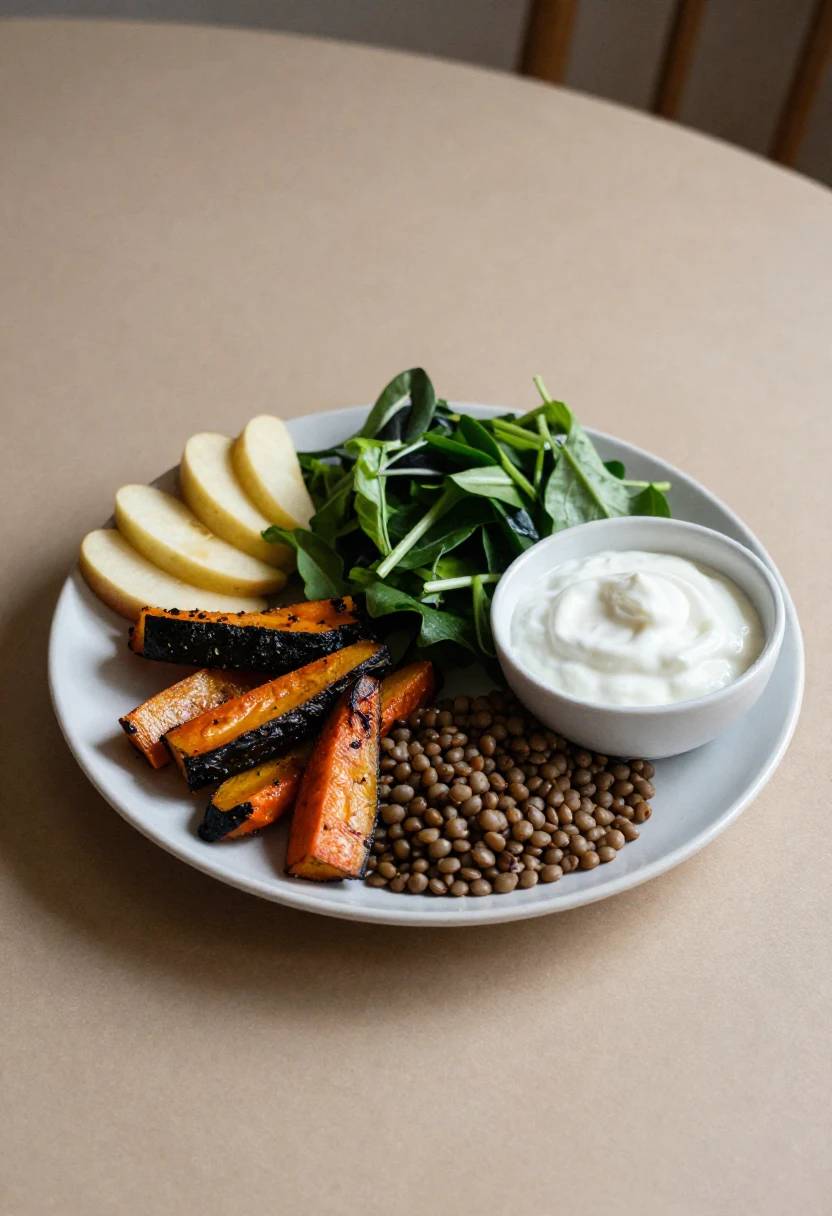 Plate with apple slices, roasted sweet potato wedges, leafy greens, lentils, and a small bowl of yogurt dip.