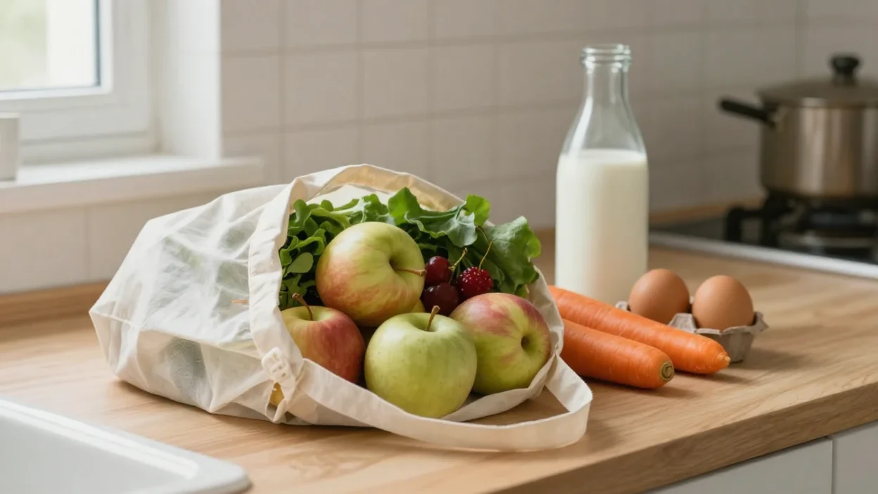 Organic groceries with fresh fruits, vegetables, eggs, and milk on a kitchen counter.
