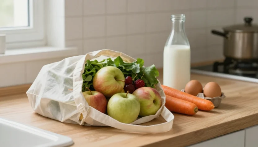 Organic groceries with fresh fruits, vegetables, eggs, and milk on a kitchen counter.
