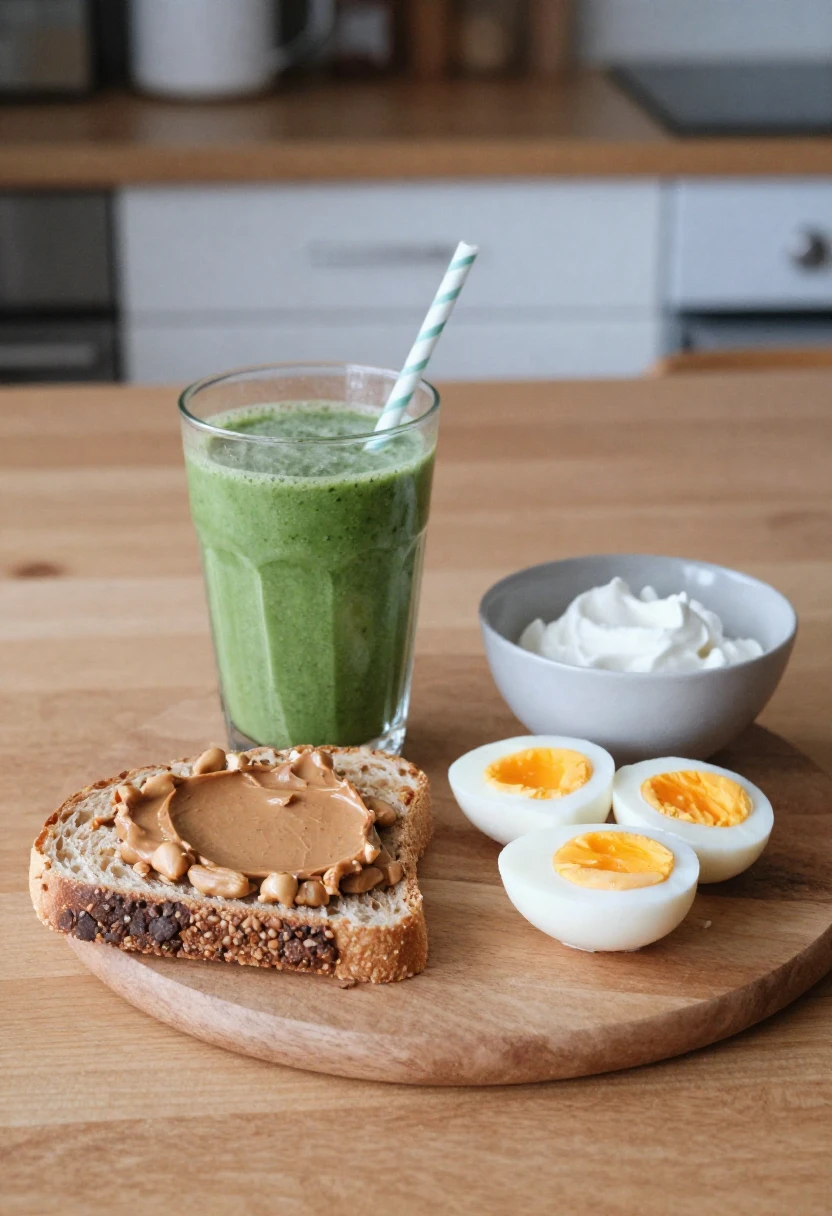 Balanced breakfast with green smoothie, toast, eggs, and Greek yogurt.