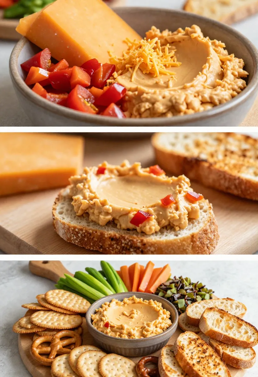 Three-panel collage: hummus served with red peppers and shredded cheese, a slice of bread topped with hummus, and a board of veggies, crackers, and bread around a hummus bowl.
